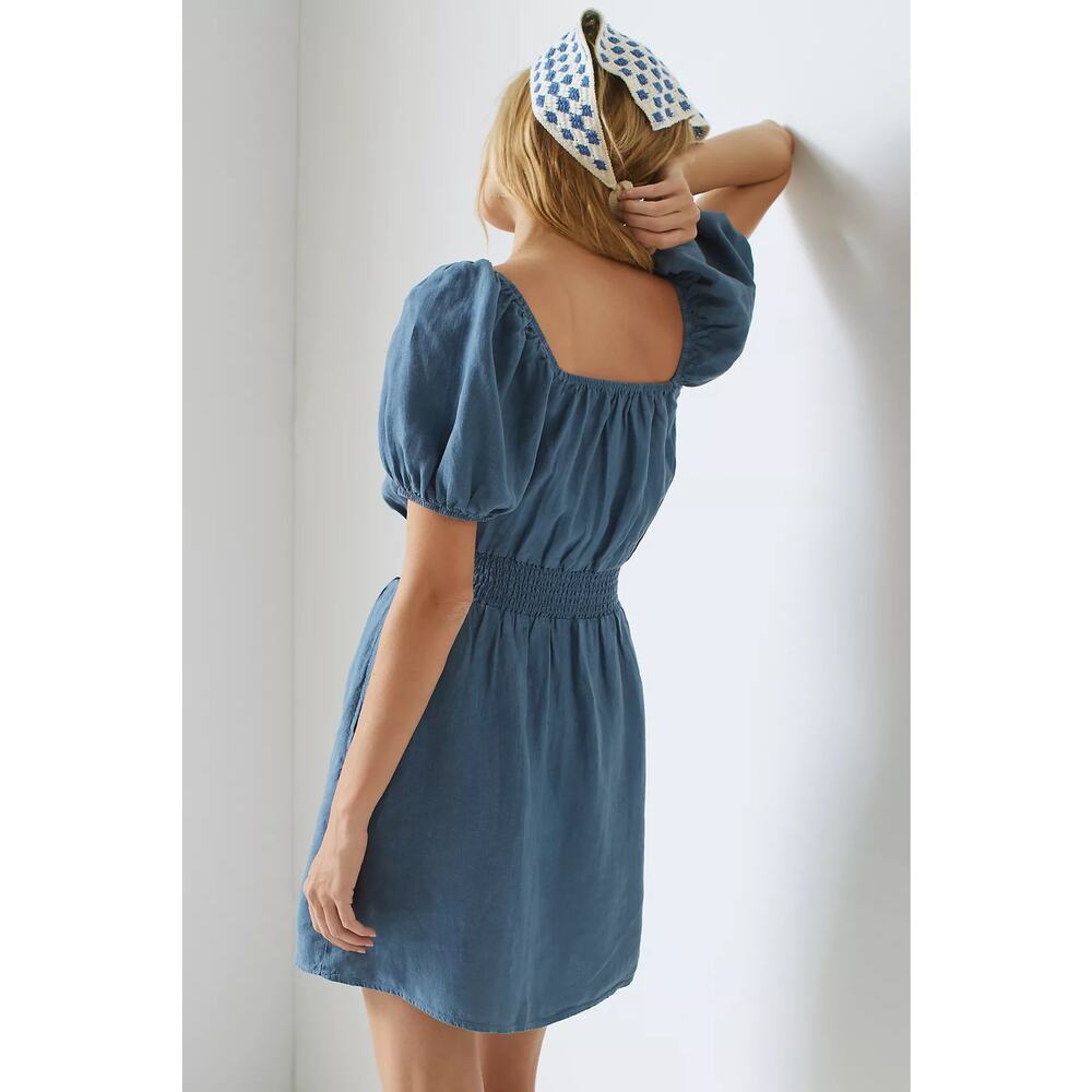 Cloth & Stone Dress Size Small NEW Anthropologie 100% Linen Mini Blue Smock NWOT - Picture 2 of 16